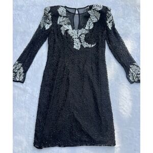 VTG Scala black silver sequin beaded evening dress big shoulders‎ sheer v-neck M